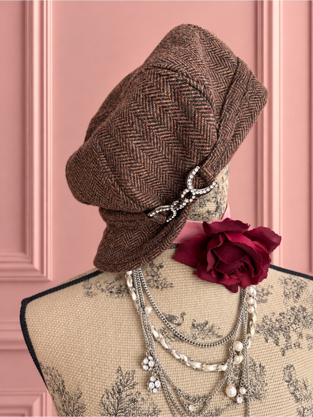 Y2K Herringbone Newsboy Cap with Crystal Bow Accent